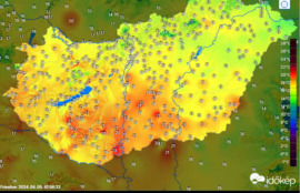 A gyenge déli szél miatt helyenként már 22-23 fok van! (Hőtérkép 2024. 04. 05. 10:56)