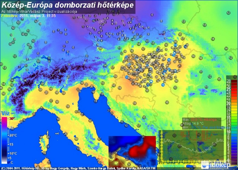 Hőmérséklet különbség a hidegfront előtt 2011. május 03-án, 12 órakor