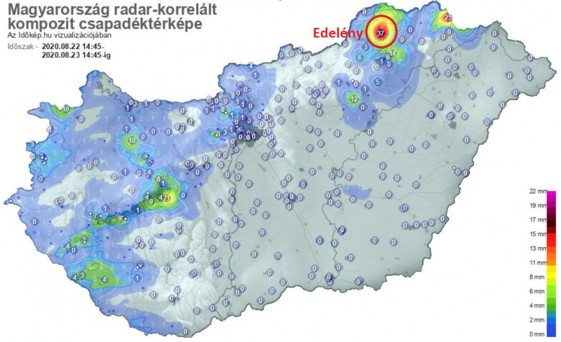 Felhőszakadás Edelényben /csapadéktérkép/