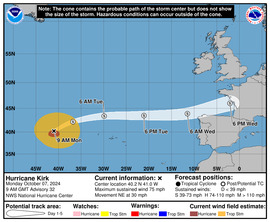 A Kirk hurrikán várható útvonala