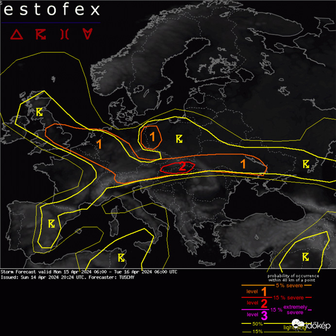 ESTOFEX is 2-es jelzést adott ki a várható heves zivatarok, szupercellák miatt.