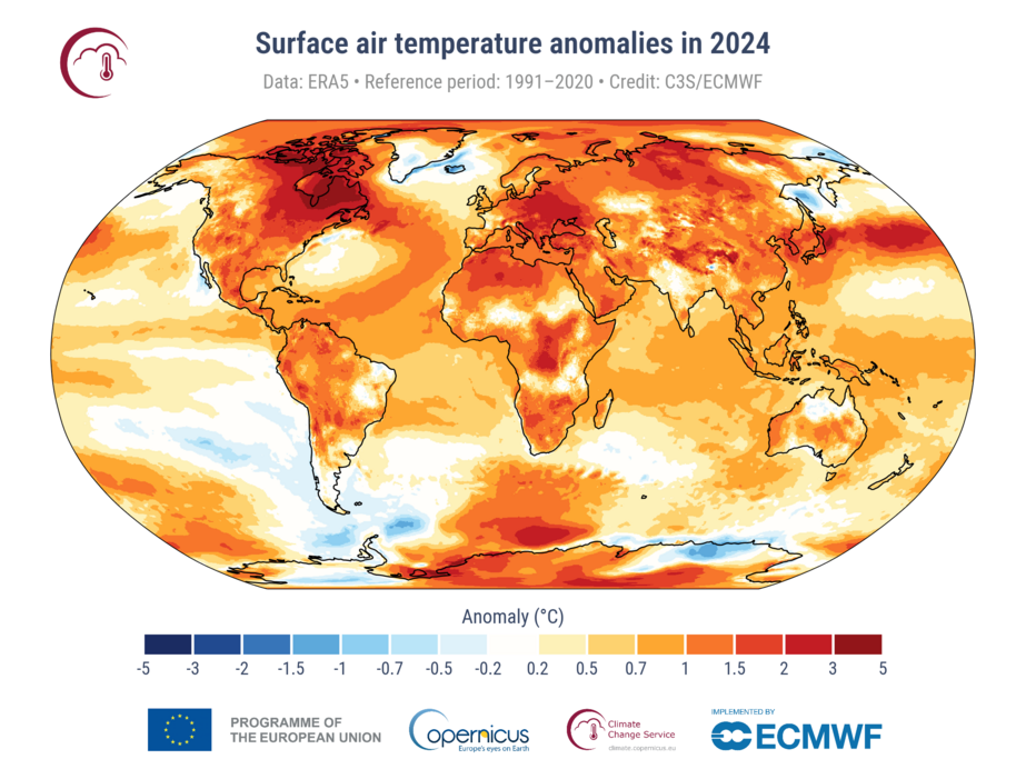 Felszíni levegő hőmérsékleti anomáliák 2024-ben, az 1991–2020-as referencia-időszak átlagához viszonyítva (Forrás: C3S/ECMWF)