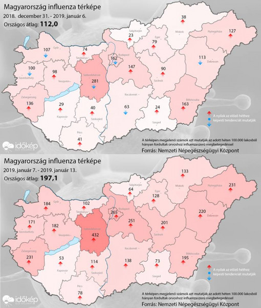 Influenzatérkép 12.31-01.06. és 01.07-01.13.