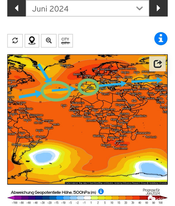 ECMWF Júniusi 500 hPa Geop. Anomáli